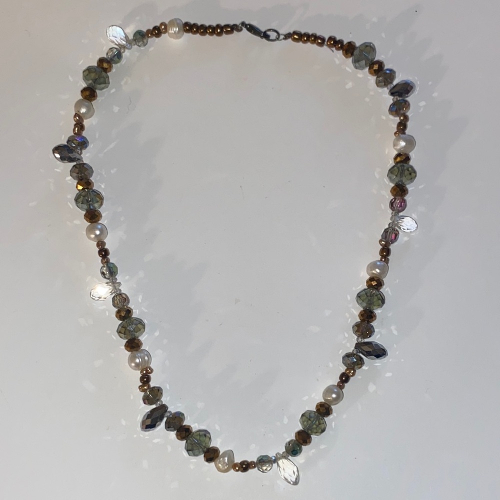 Beaded Necklace Featuring Grey, Brown and White Beads Including Pearls 17” L